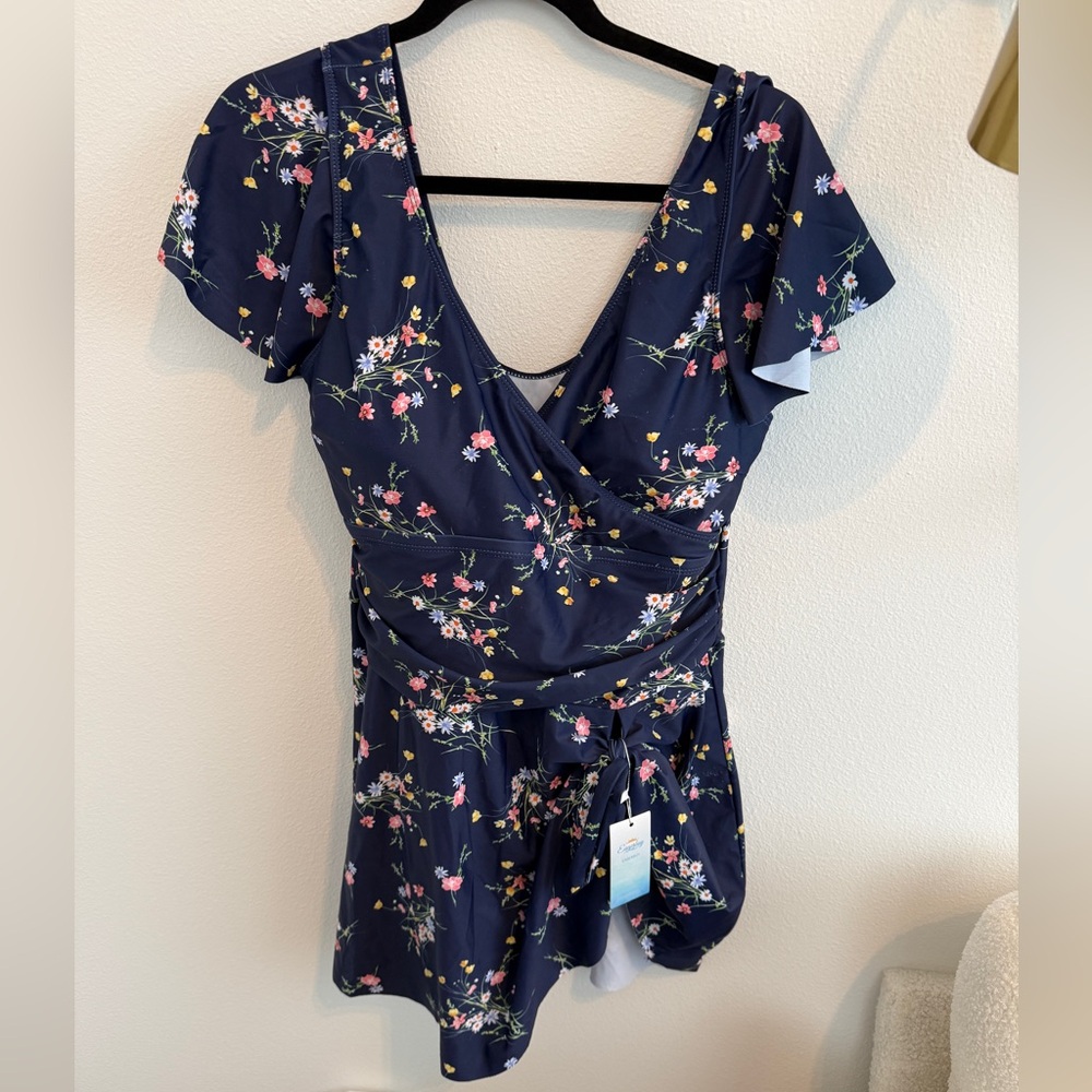 Floral Navy One-Piece Swimsuit Swimdress - Picture 6 of 7